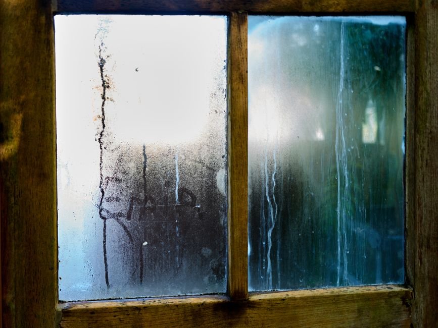 Condensation streaking down a wooden window pane, the same airborne moisture gypsum absorbs from a humid room